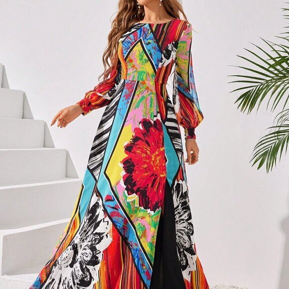 Multicolor Boho Women's Colorful Random Printed Round Neck Long Sleeve - Picture 4 of 6